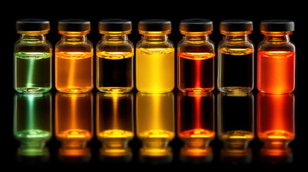 A stunning array of colorful glass bottles filled with liquids in vibrant hues, creating a striking reflection against a dark background.の素材