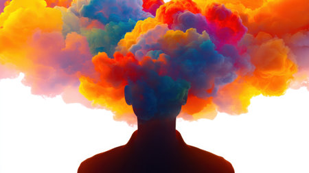 A striking silhouette filled with vibrant, colorful clouds symbolizes the fusion of creativity and imagination, inviting viewers to explore new ideas.の素材