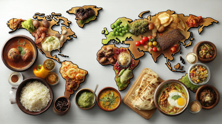A beautifully arranged display of global dishes on a wooden world map, showcasing a variety of flavors, colors, and textures from different cultures.の素材