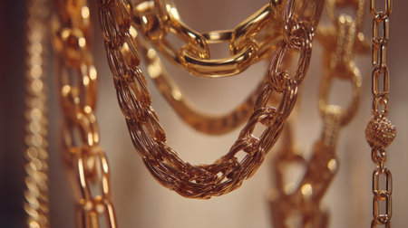 A stunning close-up of beautiful golden chains, showcasing intricate designs and luxurious details, perfect for jewelry enthusiasts and fashion inspiration.の素材