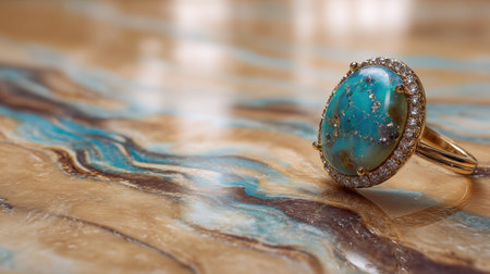 This stunning turquoise ring showcases intricate details and a luxurious design, set against a rich marble background perfect for jewelry marketing.の素材