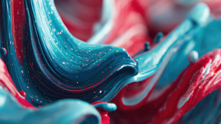 Vivid close-up of swirling blue and red paint creates an abstract design, showcasing texture and movement with bright colors and dynamic patterns.の素材