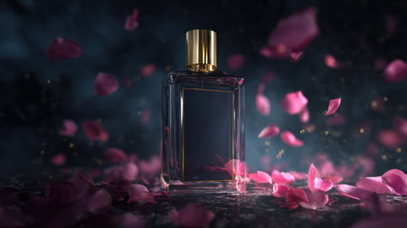 A stunning perfume bottle showcased amidst soft pink rose petals, exuding an aura of luxury and elegance in a captivating atmosphere.の素材