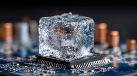 An artistic close-up of a transparent ice cube resting on a microprocessor, highlighting the contrast of cold against advanced electronics.の素材