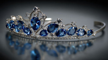 This stunning silver tiara features bright blue gemstones and sparkling diamonds, perfect for adding elegance to any special occasion or event.の素材