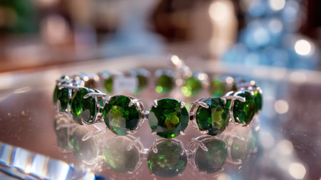 This stunning bracelet features radiant green stones set in an elegant silver design, creating a perfect statement piece for any occasion.の素材