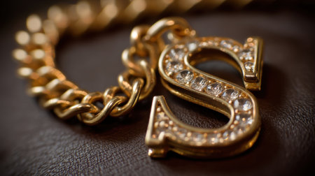 Close-up view of an exquisite gold bracelet featuring a sparkling letter S charm, beautifully displayed on a rich brown leather background.の素材