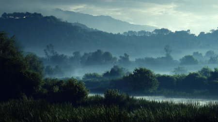 A serene morning landscape captures the beauty of misty hills and lush greenery reflected in peaceful waters, evoking tranquility.の素材