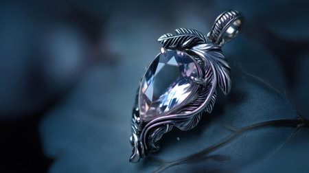 This stunning silver pendant features a pear-shaped gemstone enveloped in elegant leaf motifs, perfect for adding a touch of sophistication.の素材