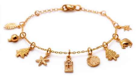 This elegant gold charm bracelet features a delightful array of festive symbols, perfect for adding a touch of seasonal cheer to any outfit.の素材