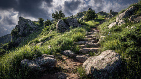 Explore a tranquil mountain pathway that winds through vibrant green grass and rocky formations, set against a dramatic cloudy sky. Ideal for nature lovers.の素材