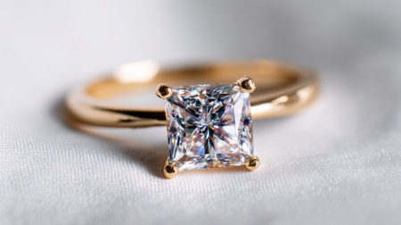 Stunning close-up of an elegant gold ring featuring a brilliant cut diamond, perfect for themes of luxury, romance, and wedding jewelry.の素材