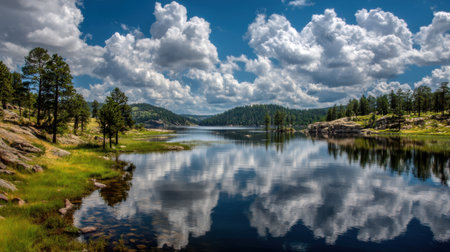 A captivating scene showcasing a tranquil lake surrounded by lush pine trees and vibrant clouds reflecting on still waters, inviting relaxation.の素材