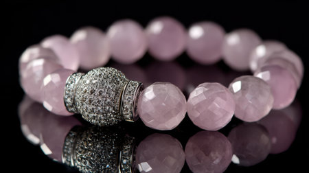 This exquisite pink beaded bracelet features a striking sparkling center, set against a dark reflective surface, perfect for displaying elegance and style.の素材