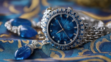 Discover the beauty of an elegant blue watch adorned with gemstones, presented on a rich decorative fabric, embodying luxury and style.の素材