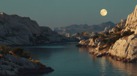 A breathtaking moonlit landscape captures the serene beauty of calm waters reflecting majestic rocky mountains during dusk. Ideal for nature lovers.の素材