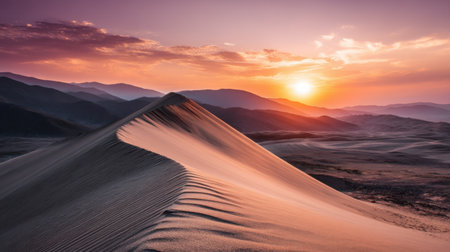 Experience the serene beauty of a sunset over magnificent sand dunes, where the warm colors blend with majestic mountains in the distance.の素材