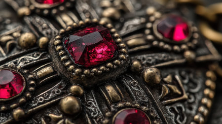 This close-up image showcases an exquisite vintage jewelry piece featuring stunning red gemstones set in detailed metalwork, perfect for fashion enthusiasts.の素材