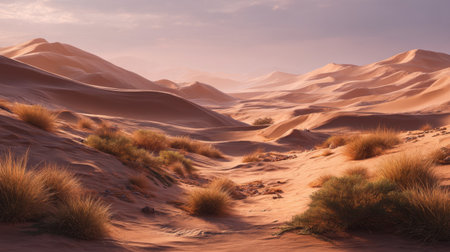 A stunning view of an expansive desert with gentle sand dunes bathed in warm sunset light, creating a tranquil and serene atmosphere perfect for travel enthusiasts and nature lovers.の素材