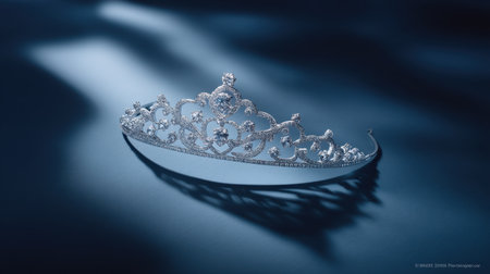 This exquisite silver tiara showcases intricate details and sparkling gems, beautifully set against a soft blue background, radiating elegance and style.の素材