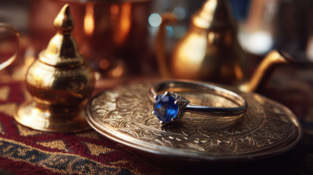 A stunning blue gemstone ring elegantly rests on a beautifully crafted metallic tray, surrounded by traditional decor and vintage teapots.の素材