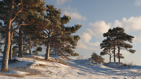 A serene winter landscape featuring snow-covered ground and tall pine trees under a clear blue sky with soft clouds. Perfect for nature lovers.の素材