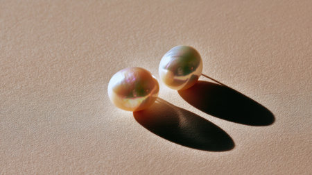 This captivating image features two iridescent pearls resting on a soft cream surface, creating a serene atmosphere enhanced by striking shadows and light reflections.の素材
