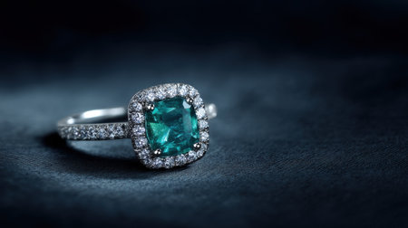 Discover a stunning square emerald ring adorned with shimmering diamonds, elegantly showcased against a dark satin fabric backdrop. Perfect for luxury jewelry collections.の素材