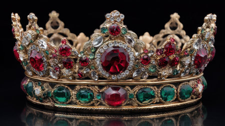 This stunning gold crown showcases red and green gemstones with intricate detailing, creating a captivating piece of regal jewelry perfect for celebrations.の素材