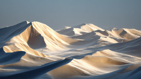 A stunning view of flowing desert dunes capturing the beauty of natural landscapes under blue skies at golden hour. Warm hues and serene atmosphere.の素材