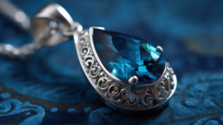This image showcases an elegant silver pendant designed with a striking blue gemstone, set against an intricate background that exudes luxury and sophistication.の素材