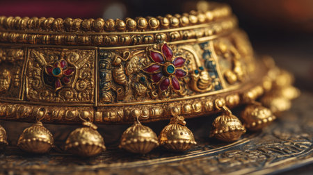 Discover a stunning close-up of an ornate gold ornament adorned with colorful gems and intricate floral designs. Perfect for traditional jewelry lovers.の素材
