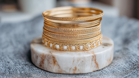 A stunning display of elegant gold bangles arranged on a sleek marble plate, showcasing intricate designs and textures, perfect for jewelry lovers.の素材