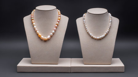 Display of two exquisite pearl necklaces on beige jewelry busts showcases elegance and style, ideal for fashion and accessory photography.の素材
