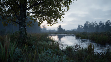 A tranquil landscape captures the calm of early dawn with fog rolling over still water. Lush greenery surrounds a solitary tree, creating a peaceful atmosphere.の素材
