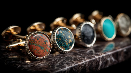 A stunning arrangement of elegant men's cufflinks showcasing colorful stone designs on a polished dark marble background. Perfect for adding a touch of luxury.の素材