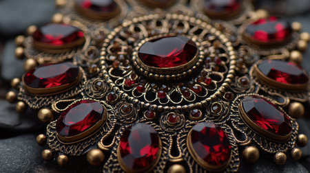 This stunning vintage brooch features striking red gemstones and intricate metalwork, perfect for adding elegance to any jewelry collection.の素材