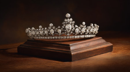 This stunning silver crown adorned with sparkling gems is showcased on a wooden pedestal, emanating elegance and royal charm. The soft lighting highlights its intricate design and rich history, making it a perfect piece for luxurious decor or jewelry collections.の素材
