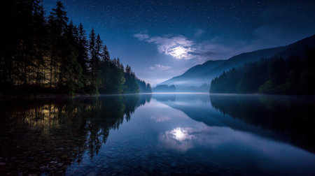 A tranquil night scene featuring a moonlit lake, reflecting stars and surrounded by towering trees and majestic mountains, offering serene beauty.の素材