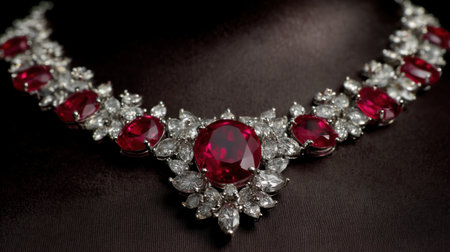 An exquisite necklace featuring vibrant red gemstones surrounded by dazzling diamonds, set against a dark background, perfect for showcasing elegance.の素材