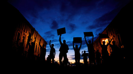 A striking silhouette of protesters holding signs against a vivid sunset, symbolizing activism and social change in an urban landscape.の素材