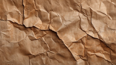 Unique crumpled brown paper texture featuring intricate creases and shadows, perfect for various design projects and backgrounds.の素材