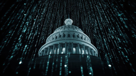 Stunning image of the United States Capitol building set against a digital rain of data, illustrating the future of technology and governance.の素材