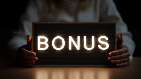 A hands holding a brightly lit sign that reads "BONUS" against a dark backdrop, conveying themes of motivation and reward in a modern setting.の素材