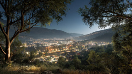 Experience the stunning night view over a vibrant town illuminated by lights, framed by majestic mountains and lush trees, creating a serene landscape.の素材