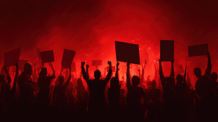 A striking scene of a protest with a silhouetted crowd raising signs and fists against a vivid red backdrop, symbolizing the fight for justice.の素材