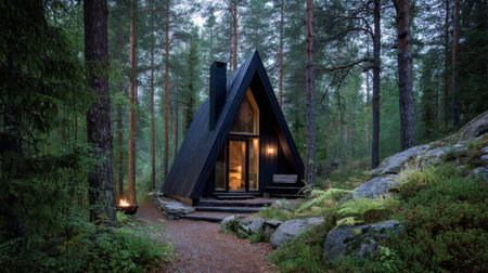 This captivating A-frame cabin nestled in a lush forest creates a serene escape, combining modern design with natural beauty, perfect for relaxation.の素材