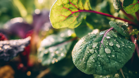 This close-up image showcases dew-covered green leaves glistening in early morning light. The soft focus highlights the organic beauty of nature, creating a peaceful and refreshing atmosphere.の素材