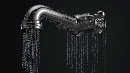 This striking image features a chrome faucet releasing water that transforms into cascading digital code, blending technology with nature.の素材