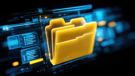 A vibrant digital representation featuring yellow folders against a dark background, highlighting technology themes in file management and data organization.の素材